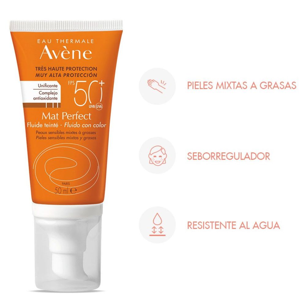 Protector Solar Avène Sol Mat Perfect Fluido Toque Seco C/Color Fps 50 50 ml - Imagen 3